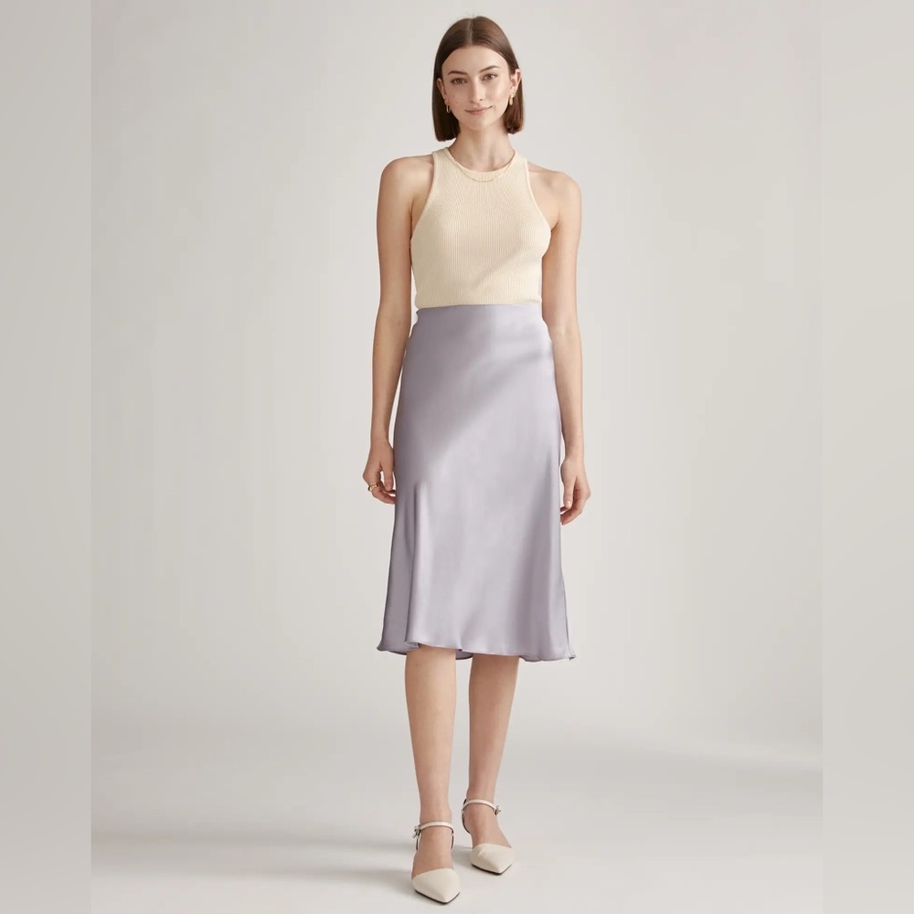 Quince Women's GREY LILAC Silk Midi Skirt XS 🪩 Washable 100% Silk 🩶💜 EUC